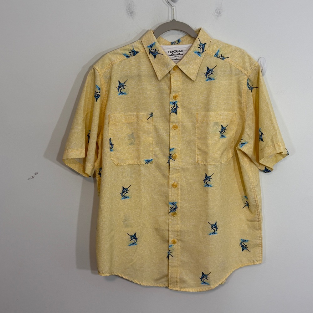 Haggar Mens Shirt L Yellow Marlin Fish Print Adventure Nautical Fishing Outdoors
